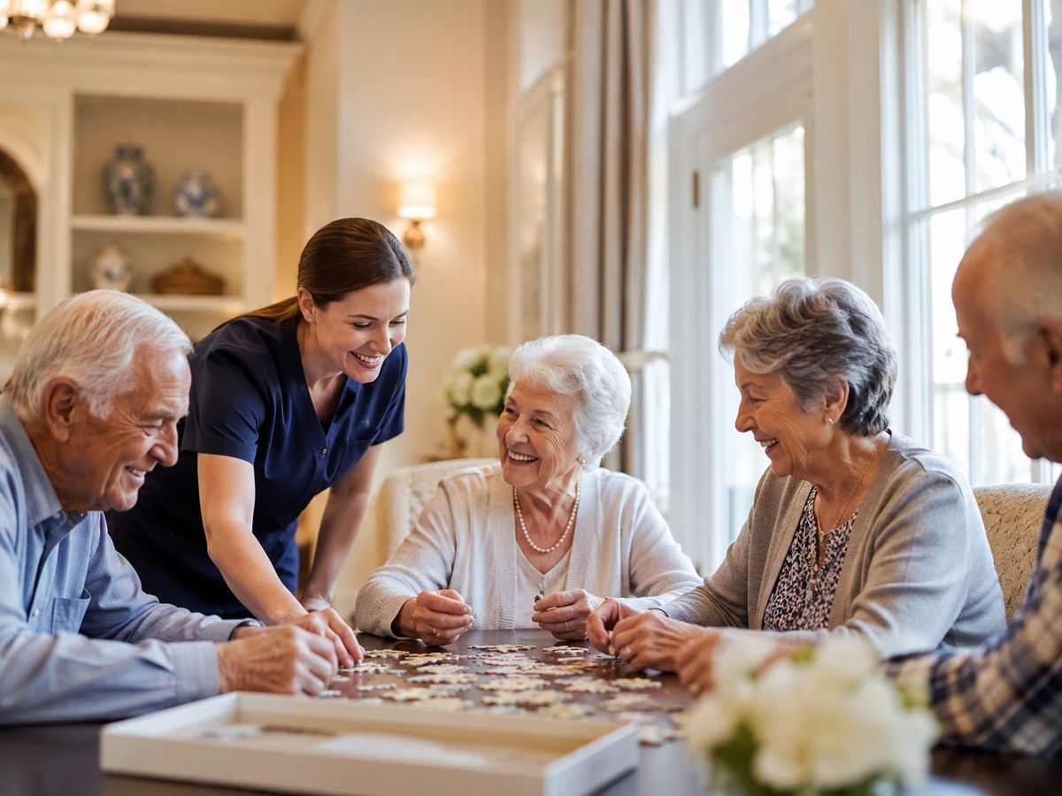 Seniors enjoying a puzzle together with a caregiver.