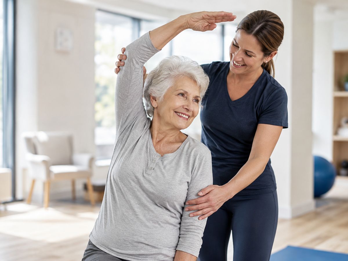 A senior doing gentle stretching with a wellness coach.
