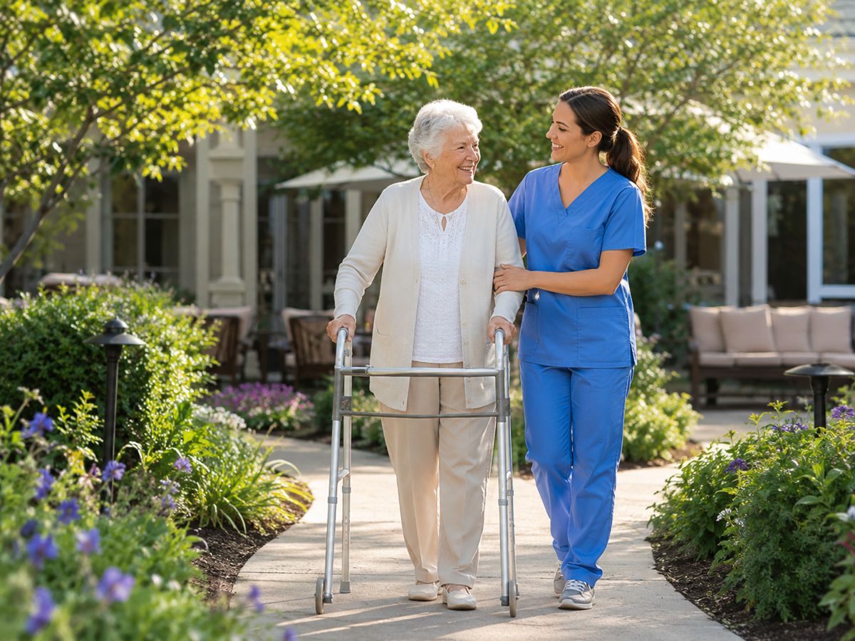 A caregiver walking with a resident along a garden path.