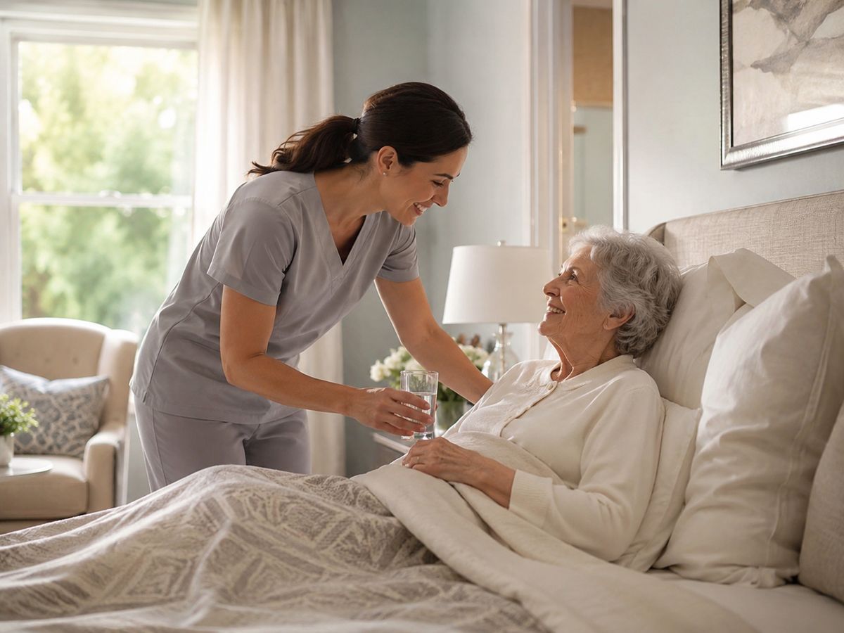 A caregiver attending to a resident with a glass of water.